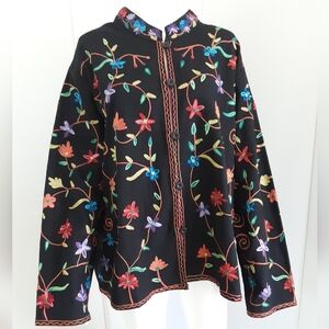 WILLOW RIDGE 100% Cotton Black Floral Embroidered Art To Wear Jacket Sz 2X